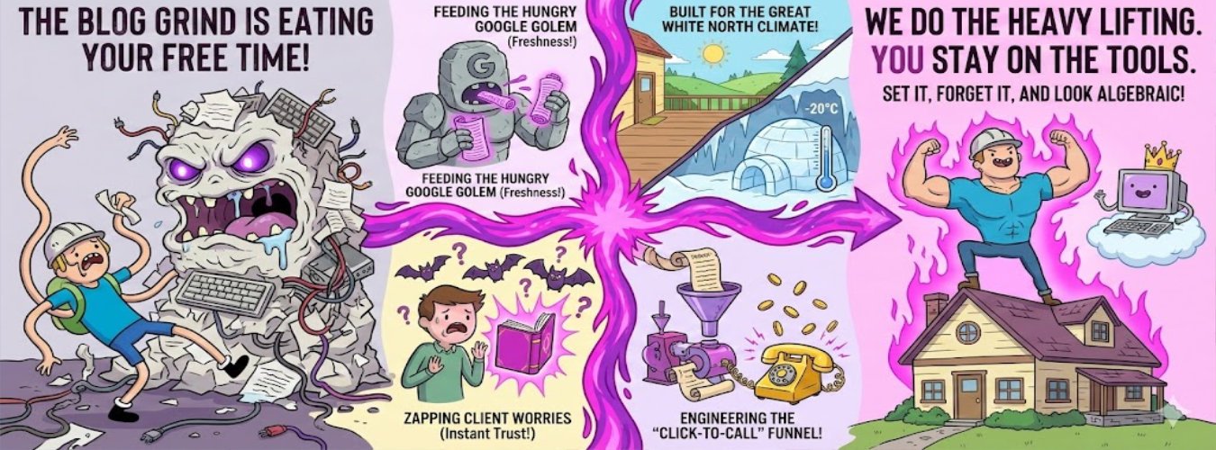 banner content and blog that depicts a renovator struggling with blog posts, but finding a way to gain a voice with Noble Media.