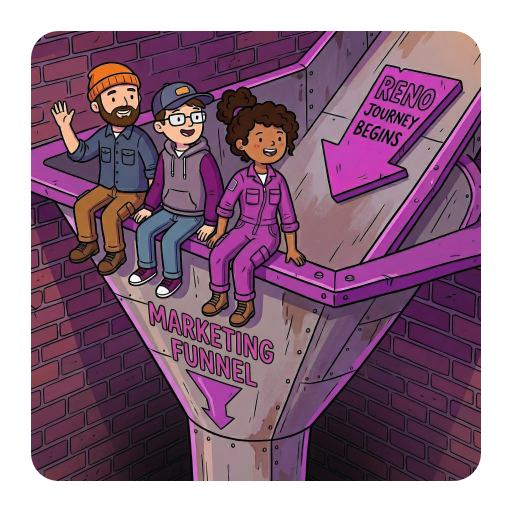 3 personas at the top of a marketing funnel chute. Ready to dive into awareness.